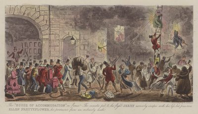 Das "Haus der Unterkunft" in Flammen! von Isaac Robert (after) Cruikshank