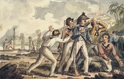 Captain Burney entdeckt seine ermordeten Schiffskameraden, Illustration aus "Die Reisen von Captain Cook" von Isaac Robert Cruikshank