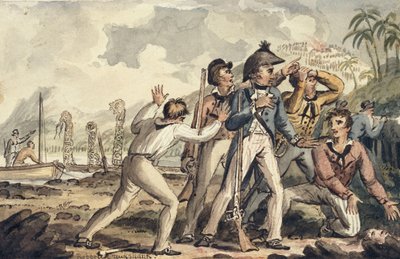 Kapitän Burney entdeckt seine ermordeten Schiffskameraden, aus den Reisen von Kapitän Cook von Isaac Robert Cruikshank