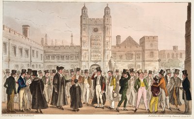 Erste Abwesenheit, oder Etonianer beantworten die Morgenrolle des Meisters, aus The English Spy, veröffentlicht 1824 von Isaac Robert Cruikshank