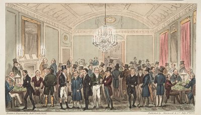 Der große Abonnementsraum bei Brookes, aus The English Spy, veröffentlicht 1824 von Isaac Robert Cruikshank