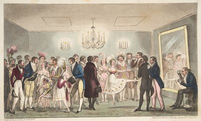 Der Green Room des Kings Theatre, oder edle Amateure betrachten ausländische Kuriositäten, aus The English Spy, veröffentlicht 1824 von Isaac Robert Cruikshank