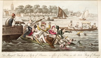 Die Familie Marigold auf einem Vergnügungsausflug, oder die Wirkung eines Sturms in der kleinen Bucht von Biscay, aus The English Spy, veröffentlicht 1824 von Isaac Robert Cruikshank