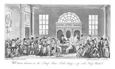 Bekannte Charaktere im Pump Room, Bath, trinken einen Schluck mit König Bladud, 1825 von Isaac Robert Cruikshank