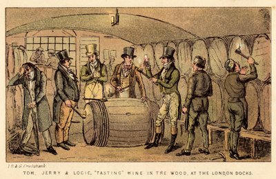 Tom, Jerry und Logic probieren Wein im Fass in den Londoner Docks von Isaac, Robert and George Cruikshank
