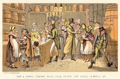 Tom und Jerry trinken Blue Ruin nach dem Ende des Zaubers von Isaac, Robert and George Cruikshank