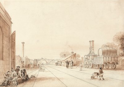 Ansicht der Liverpool und Manchester Eisenbahn mit der Lokomotive "Twin Sisters" auf einem Abstellgleis von Isaac Shaw