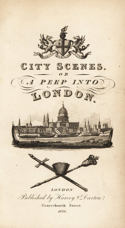 Kalligraphische Titelseite mit Vignette der Stadt London mit der St. Paul’s Kathedrale von Isaac Taylor