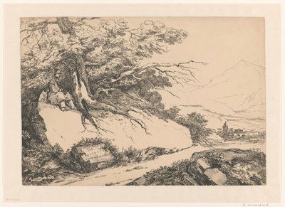 Landschaft mit einem unter einem Baum pausierenden Mann mit Hund von Isaac Weissenbruch