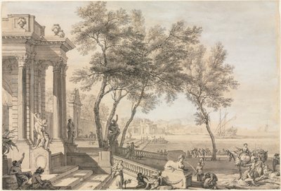Fantastische Hafenszene mit Architektur und Figuren, 1713 von Isaac de Moucheron
