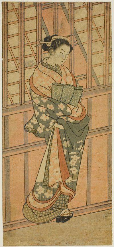 Kurtisane vor einem vergitterten Fenster stehend von Ishikawa Toyonobu