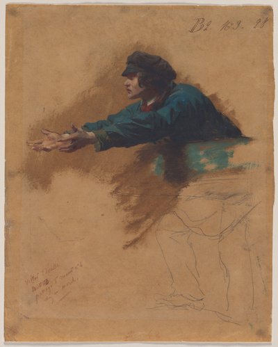 Junger Mann, der sich mit ausgestreckten Armen nach vorne lehnt (Studie für Soldaten, die Brot an die Armen verteilen), ca. 1851 von Isidore Pils