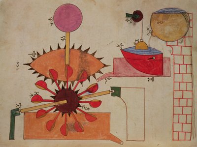 Diagramm eines Systems zum Pumpen von Wasser in ein Becken, aus dem Buch des Wissens über geniale mechanische Geräte von Al-Djazari, 1206 von Islamic School