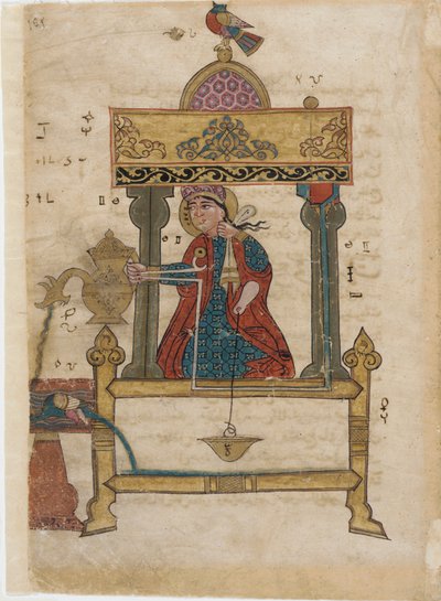 Handwaschautomat mit Spülmechanismus, Folio aus Das Buch der genialen mechanischen Geräte; von Al-Djazari, 1315 von Islamic School