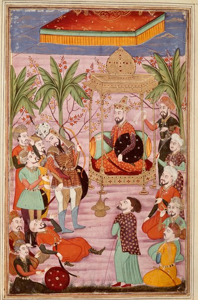 Islamische Kunst: König Keikaous befiehlt die Gefangennahme von Roustam Persische Miniatur aus einem Manuskript des epischen Gedichts „Shahnameh“ (Buch der Könige) von Ferdowsi (ca. 940-1020) Chantilly, Musée Condé von Islamic School