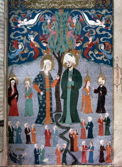 Islamische Darstellung von Adam und Eva, Miniatur aus dem Manuskript Zubdat al Tawarikh von Seyyid Loqman Ashuri, 1538, Türkisches und Islamisches Kunstmuseum, Istanbul von Islamic School