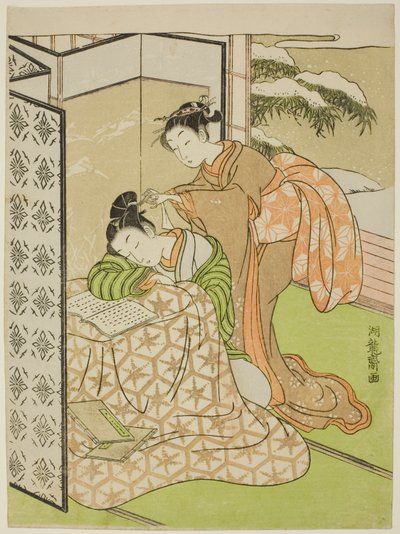 Mädchen spielt einem jungen Mann, der ein Nickerchen macht, einen Streich von Isoda Koryusai