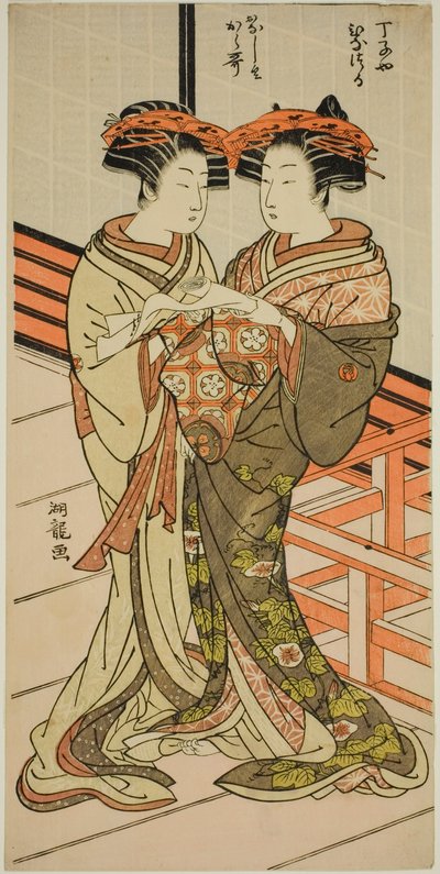 Die Kurtisanen Hinazuru und Karauta von Chojiya halten einen Brief von Isoda Koryusai