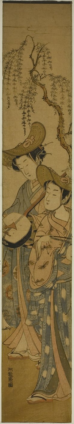 Zwei wandernde Musiker unter einem Weidenbaum von Isoda Koryusai