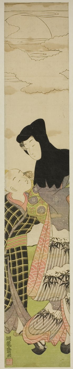 Frau mit schwarzer Kapuze spricht mit einem Jungen von Isoda Koryusai