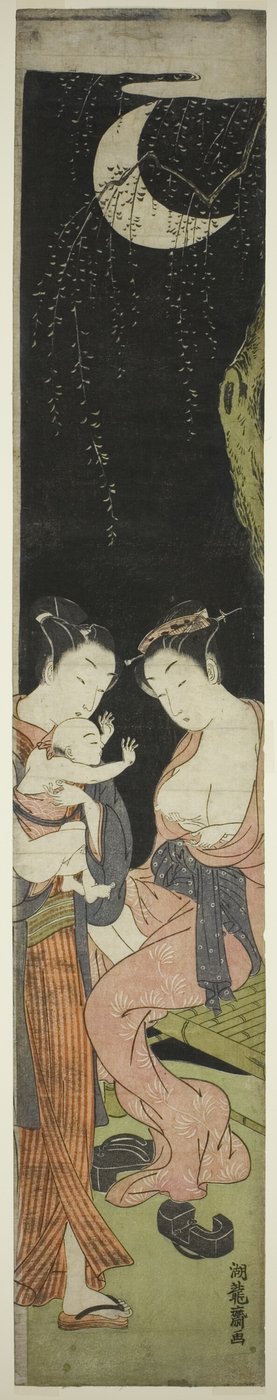 Junges Paar mit kleinem Sohn in einer mondhellen Nacht von Isoda Koryusai