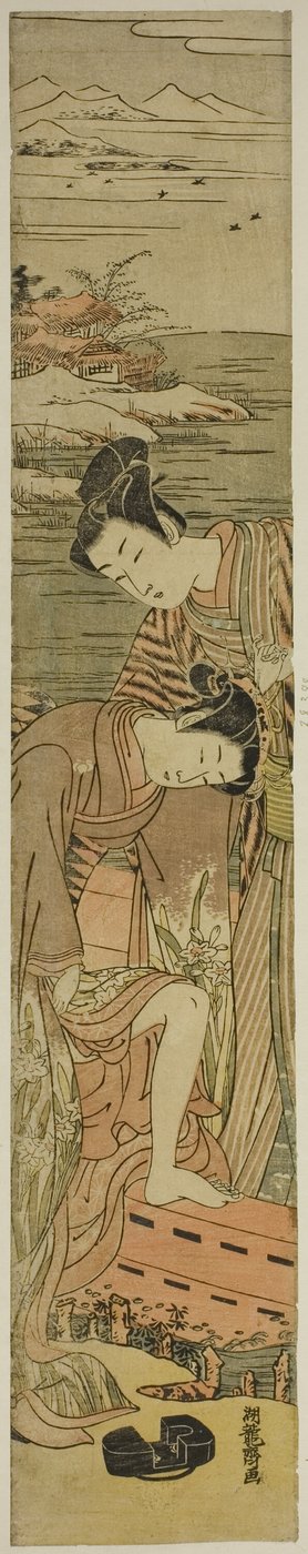 Junge Frau lässt ihre Geta fallen, als sie ein Boot besteigt von Isoda Koryusai