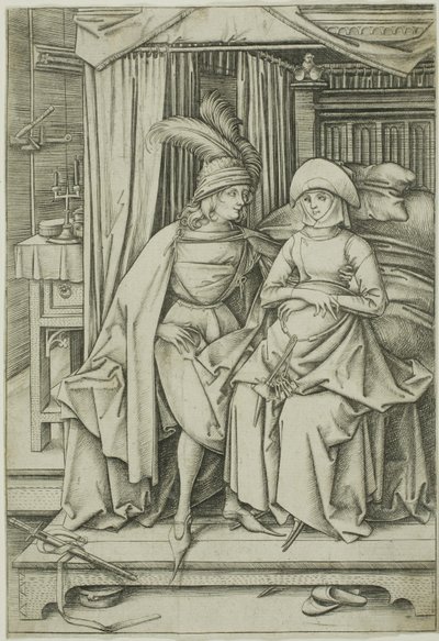 Ein Mann und eine Frau auf einem Bett sitzend von Israhel van Meckenem the younger