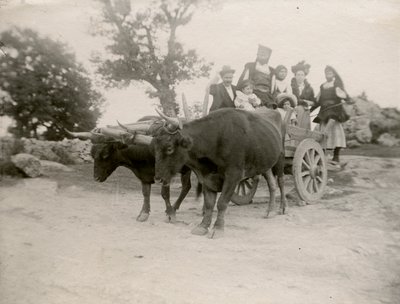 Familie auf einem von Ochsen gezogenen Wagen, Sardinien, Italien, ca. 1910 von Italian Photographer