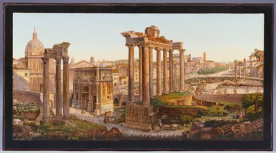 Ein römischer Mikromosaik-Tischplatte mit Figuren vor den Tempeln von Castor und Pollux im Forum Romanum von Italian School