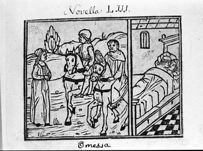 Eine Frau trifft zwei Reiter und hat ein Paar in einem Raum. Illustration zur Novelle 53 (Novelle 3 des 6. Tages) des „Decameron“ von Giovanni Boccaccio genannt Jean Boccaccio (1313-1375), italienischer Schriftsteller. Gravur im „Decamerone ouer Cento nove von Italian School