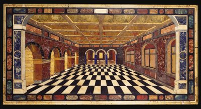 Ein italienischer pietre dure eingelegter Marmortisch, der eine Innenszene einer sich zurückziehenden Arkadengalerie darstellt von Italian School