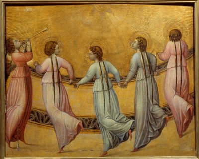 Engel tanzen vor der Sonne. Runde von Engeln auf goldenem Hintergrund, die sich an den Händen halten. Anonymes Gemälde der italienischen Schule von Italian School