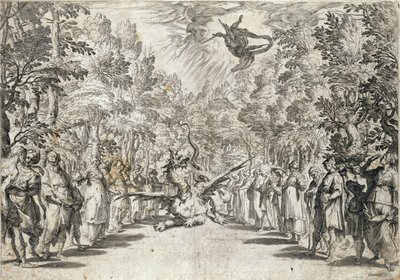 Apollo kurz vor dem Angriff auf den Python, aus La Pellegrina von Girolamo Bargagli, graviert von Carracius von Italian School