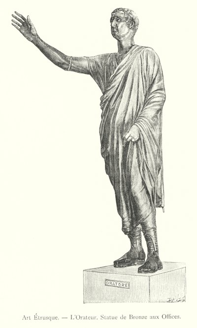Etruskische Kunst, Der Redner, Bronzestatue in den Uffizien (Stich) von Italian School