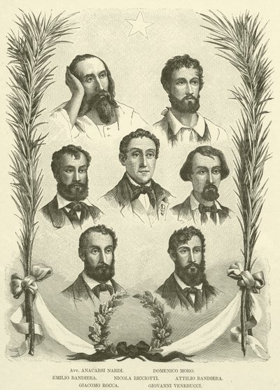 Avv Anacarsi Nardi, Domenico Moro, Emilio Bandiera, Nicola Ricciotti, Attilio Bandiera, Giacomo Rocca, Giovanni Venerucci (Gravur) von Italian School