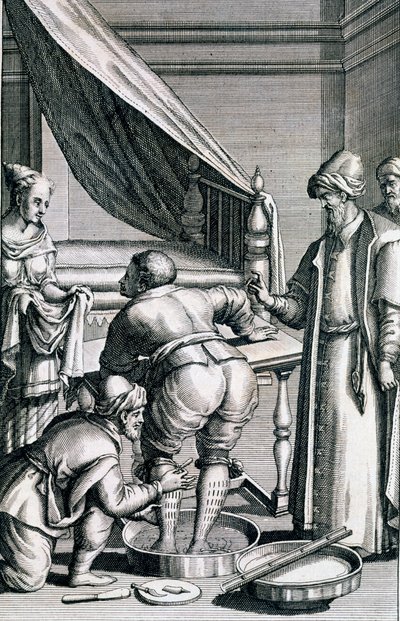Aderlass in den Beinen, aus Medicina Aegyptiorum von Prospero Alpini, veröffentlicht 1745 von Italian School