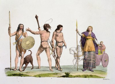 Briten, Kaledonier und Königin Boudica, Tafel 4 aus Die Geschichte der Nationen (Aquatinta) von Italian School