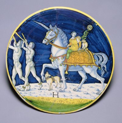 C.86-1927 Schale mit Darstellung von Caesars Pferd aus dem Triumph des Caesar, zugeschrieben Jacopo di Pietro, Italienisch, aus Caffaggiolo von Italian School