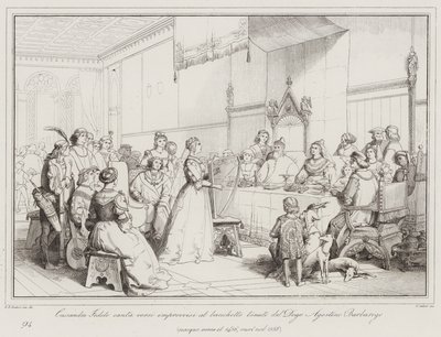 Cassandra Fedele singt improvisierte Verse beim Bankett des Dogen Agostino Barbarigo... von Italian School
