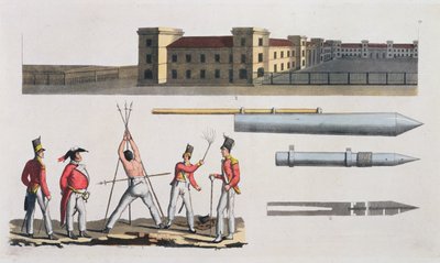 Chatham-Kaserne, eine militärische Bestrafung namens das Dreieck und Congreve-Raketen, Tafel 17 aus Die Geschichte der Nationen (Aquatinta) von Italian School