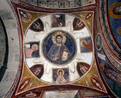Christus spendet Segen, umgeben von Symbolen der Evangelisten, Fresko der italienischen Schule des 13. Jahrhunderts, Gewölbe 15 der Krypta der Kathedrale von Anagni, Italien von Italian School