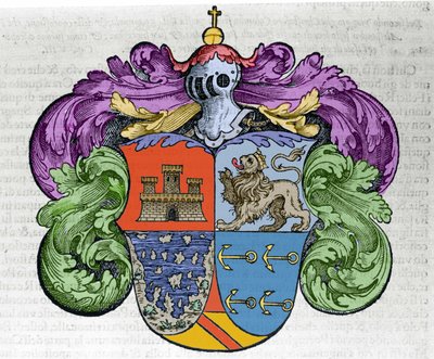 Wappen des Seefahrers Christoph Kolumbus (1451-1506): Die vier Teile des Schildes repräsentieren oben die Stadt Kastilien und León, unten die entdeckten Inseln und die Ankersymbole der Admiralität. Gravur aus dem Buch „Navigationi and Viaggi“ von Italian School