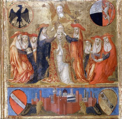 Krönung von Pius II. (Enea Silvio Piccolomini) (1405-1464). Italienischer Papst (1458-1464). Unten ist die befestigte Stadt Siena. Bicherna (Umschlag des Rechnungsregisters der Stadt Siena) von 1460. Nationalarchiv - Museo delle Tavolette de B von Italian School