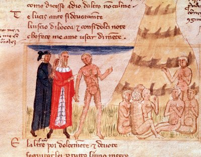 Corrado Malaspinas Seele sagt Dante das Exil voraus (Gesang 8 aus dem Fegefeuer, in der Göttlichen Komödie) - Miniatur von Italian School