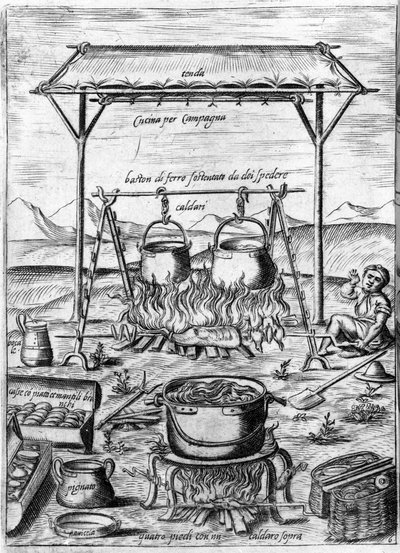 Landküche: Kessel und Töpfe stehen auf dem Feuer. Gravur aus „Opera“, Buch über Gastronomie in 6 Teilen, von Bartolomeo Scappi, persönlicher Koch von Papst Pius V. Venedig von Italian School