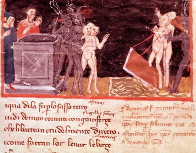 Dante und Virgil umgeben von den Zuhältern und Verführern (Gesang 18 aus der Hölle, in der Göttlichen Komödie) - Miniatur von Italian School