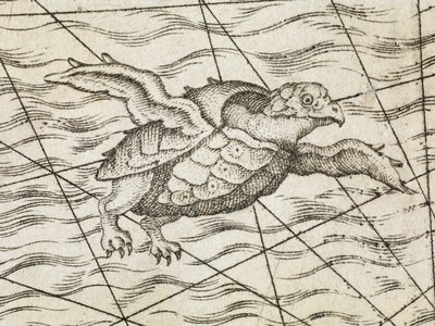 (Detail) einer fliegenden Schildkröte auf einer Karte von Nordeuropa, aus 