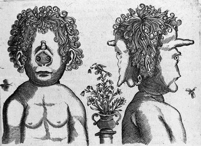 Verschiedene Arten menschlicher Monster: Gesicht und Gesicht eines Monsterkopfes. Stich aus „De monstrorum natura, causis et differentiis“ von Fortunio Liceti (1577-1656), italienischer Wissenschaftler. 1646 von Italian School
