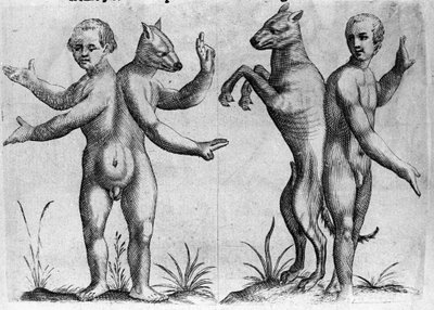 Verschiedene Arten von menschlichen Monstern: Zwei Kreaturen mit doppelten Körpern, halb Mensch und Hund (Siamesen). Gravur aus „De monstrorum natura, causis et differentiis“ von Fortunio Liceti (1577-1656), italienischer Wissenschaftler. 1646 von Italian School