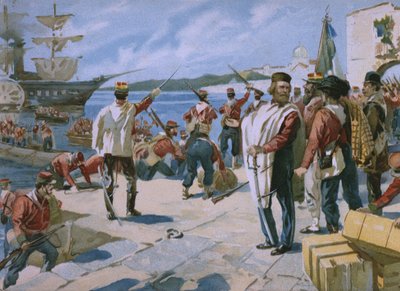 Expedition der Tausend unter der Führung von Giuseppe Garibaldi, Landung in Marsala, Sizilien, 1860, Illustration aus einem Album zur Geschichte des Risorgimento für die Schokolade Talmone, späte 19. Jahrhundert von Italian School